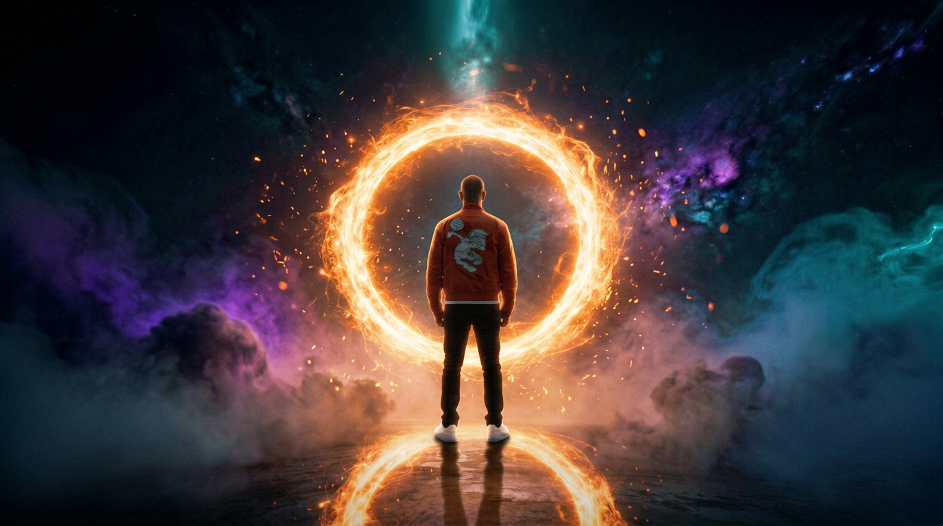 K-Warren in his orange jacket and white trainers standing before the glowing Dreamworld portal