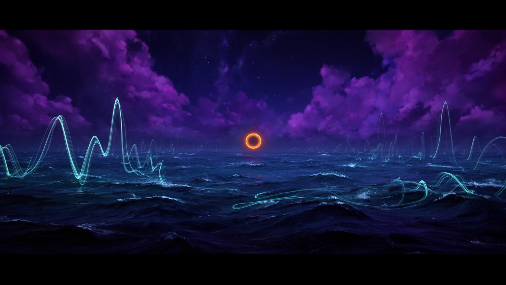 The indigo Dreamworld ocean, crossed by cyan sound waves and a distant orange portal